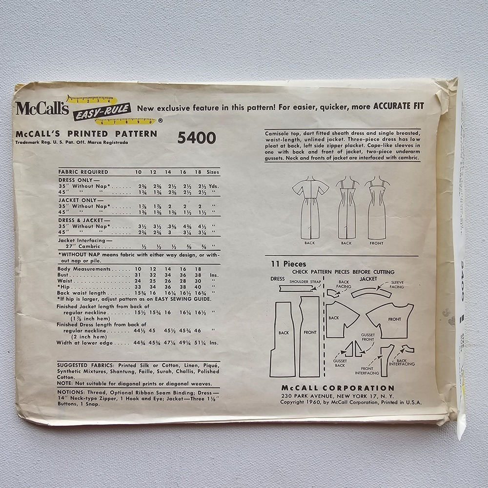 1960s Vintage 34" Bust McCalls 5400 Bell Sleeve Jacket Dress Set Sewing Pattern - Picture 3 of 3
